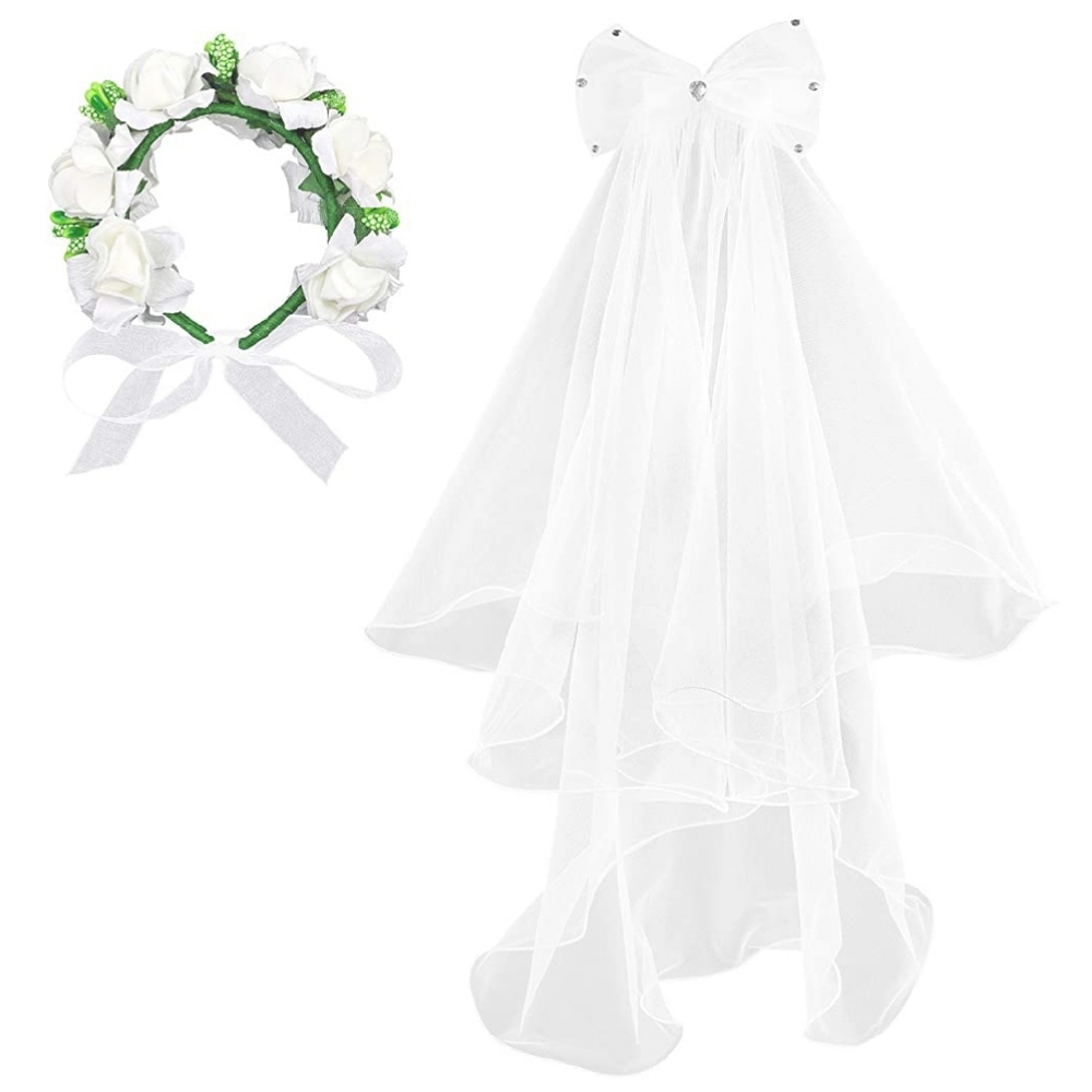 NEW! Flower Girl Sheer White Vail with White Roses Accessory Bracelet